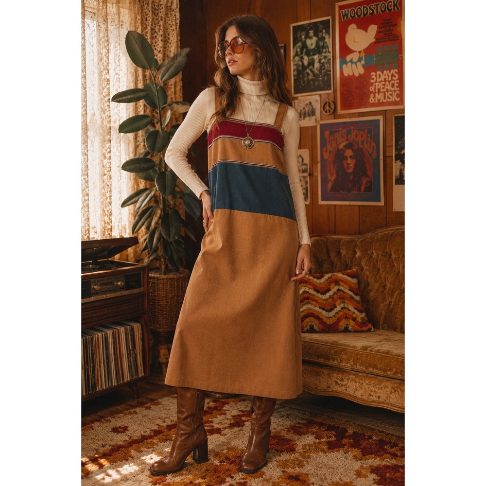 Vintage Union Made 70's Colorblock A-line Pinafore Striped Midi XL Boho